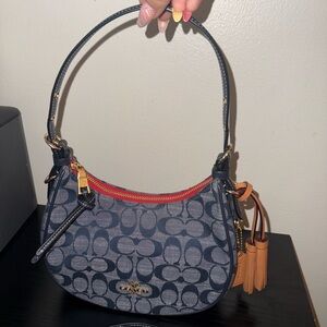 Coach Navy Signature Canvas Shoulder Bag with Red Zip and Tan Tassel